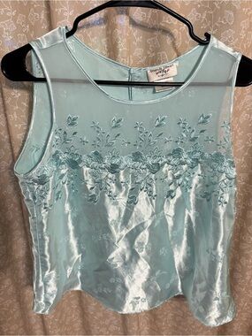 Vintage Amanda Stewart Intimates Satin Floral Embroidered Cami  Top Blue M